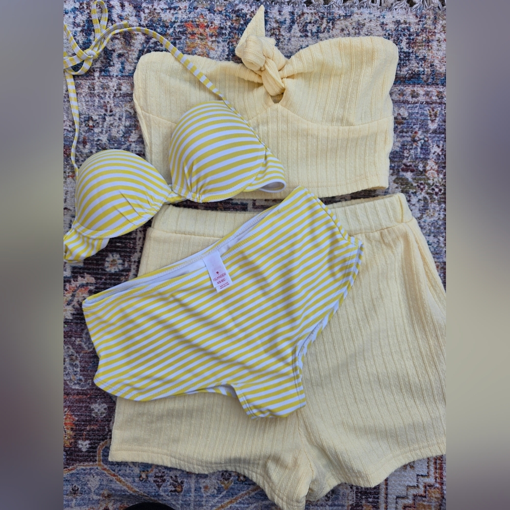Yellow & White Striped Bikini Set With Shorts Set